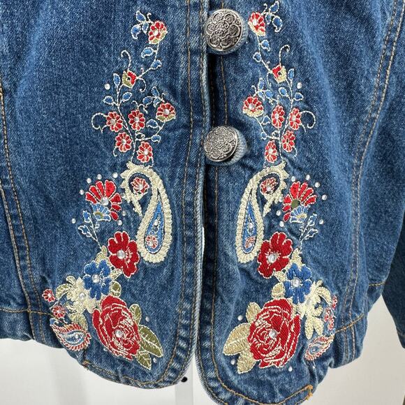 Gordon James Jean Jacket Sz XL Dark Wash Denim Floral Paisley Embroidered Blazer - Picture 5 of 12